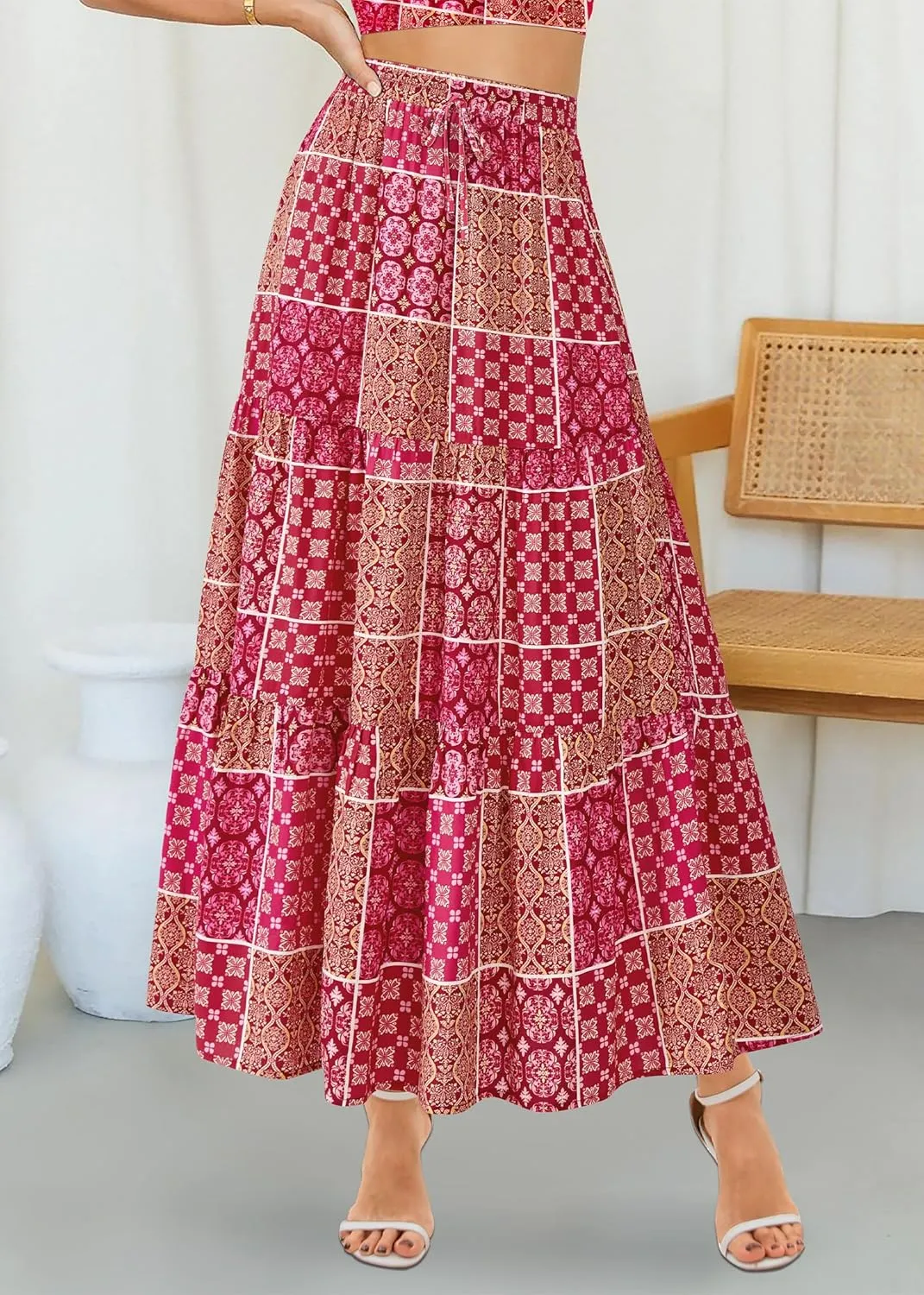 KIRUNDO Womens Boho Floral Maxi Midi Skirt 2025 Summer Trendy Elastic Waist Pleated Aline Flowy Long Skirts Beach Vacation