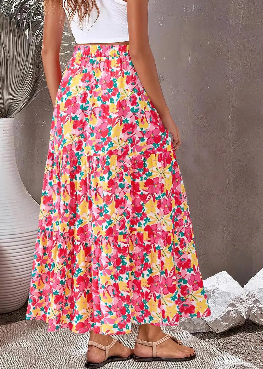 KIRUNDO Womens Boho Floral Maxi Midi Skirt 2025 Summer Trendy Elastic Waist Pleated Aline Flowy Long Skirts Beach Vacation
