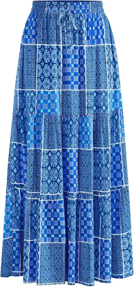 KIRUNDO Womens Boho Floral Maxi Midi Skirt 2025 Summer Trendy Elastic Waist Pleated Aline Flowy Long Skirts Beach Vacation