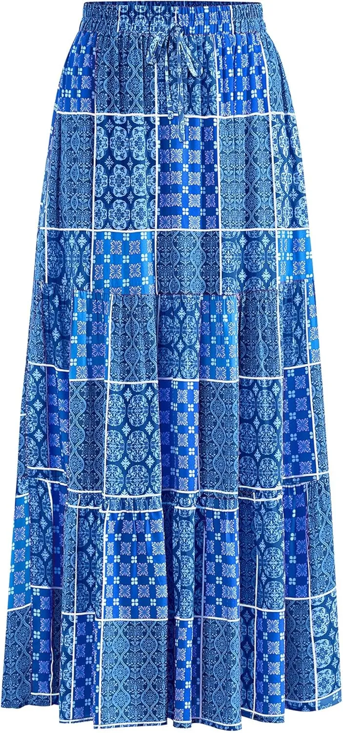 KIRUNDO Womens Boho Floral Maxi Midi Skirt 2025 Summer Trendy Elastic Waist Pleated Aline Flowy Long Skirts Beach Vacation