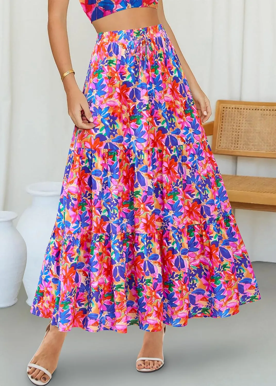 KIRUNDO Womens Boho Floral Maxi Midi Skirt 2025 Summer Trendy Elastic Waist Pleated Aline Flowy Long Skirts Beach Vacation