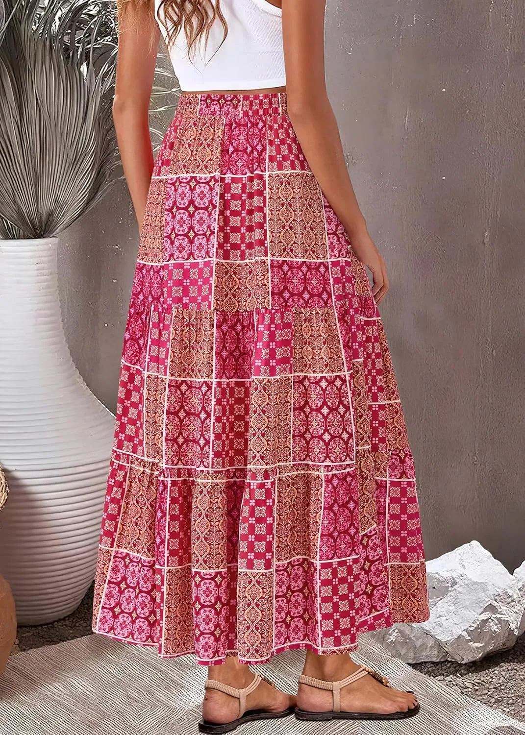 KIRUNDO Womens Boho Floral Maxi Midi Skirt 2025 Summer Trendy Elastic Waist Pleated Aline Flowy Long Skirts Beach Vacation