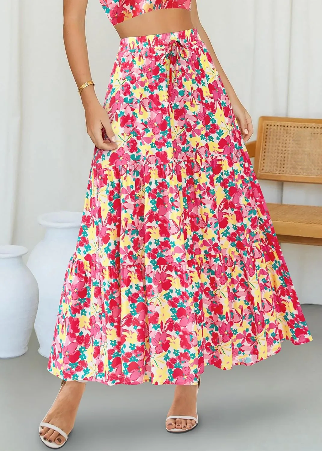 KIRUNDO Womens Boho Floral Maxi Midi Skirt 2025 Summer Trendy Elastic Waist Pleated Aline Flowy Long Skirts Beach Vacation