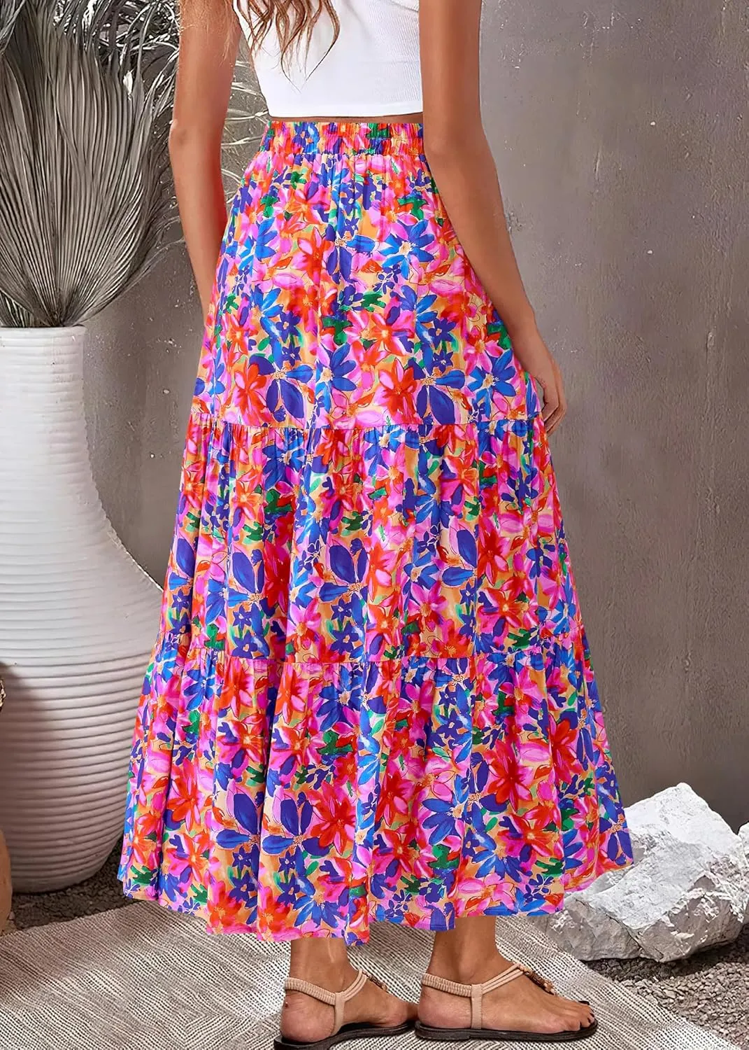 KIRUNDO Womens Boho Floral Maxi Midi Skirt 2025 Summer Trendy Elastic Waist Pleated Aline Flowy Long Skirts Beach Vacation