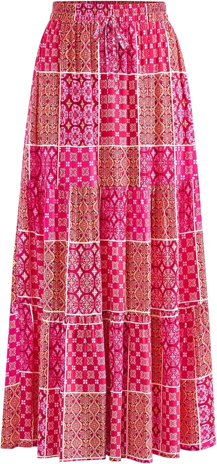 KIRUNDO Womens Boho Floral Maxi Midi Skirt 2025 Summer Trendy Elastic Waist Pleated Aline Flowy Long Skirts Beach Vacation