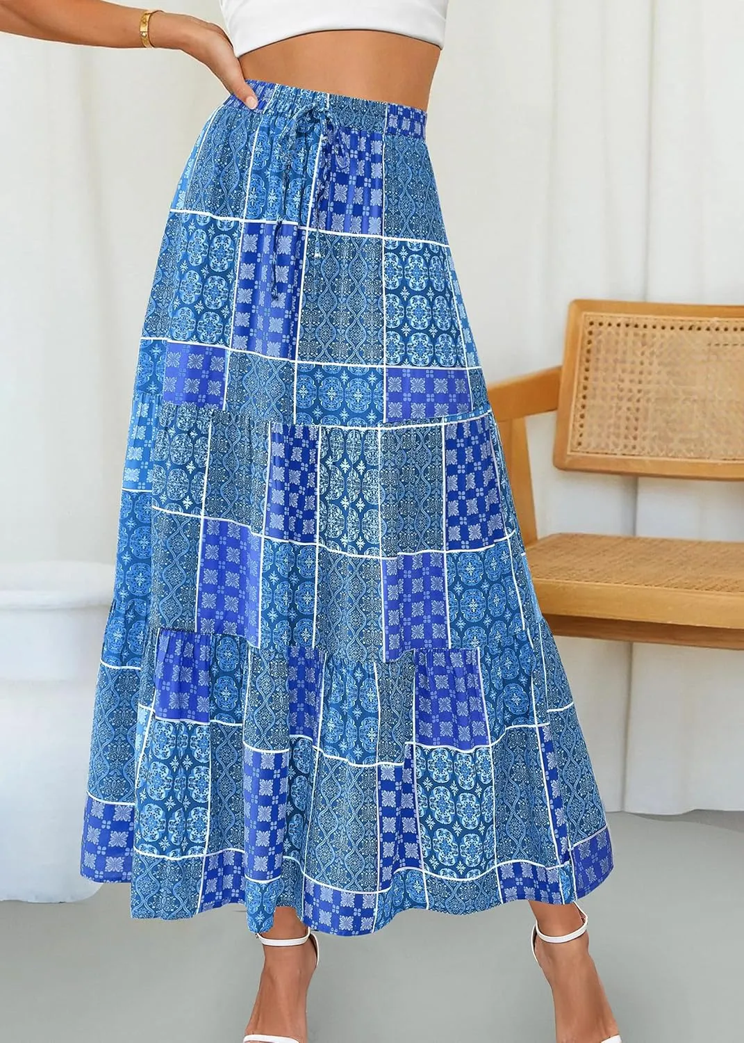 KIRUNDO Womens Boho Floral Maxi Midi Skirt 2025 Summer Trendy Elastic Waist Pleated Aline Flowy Long Skirts Beach Vacation