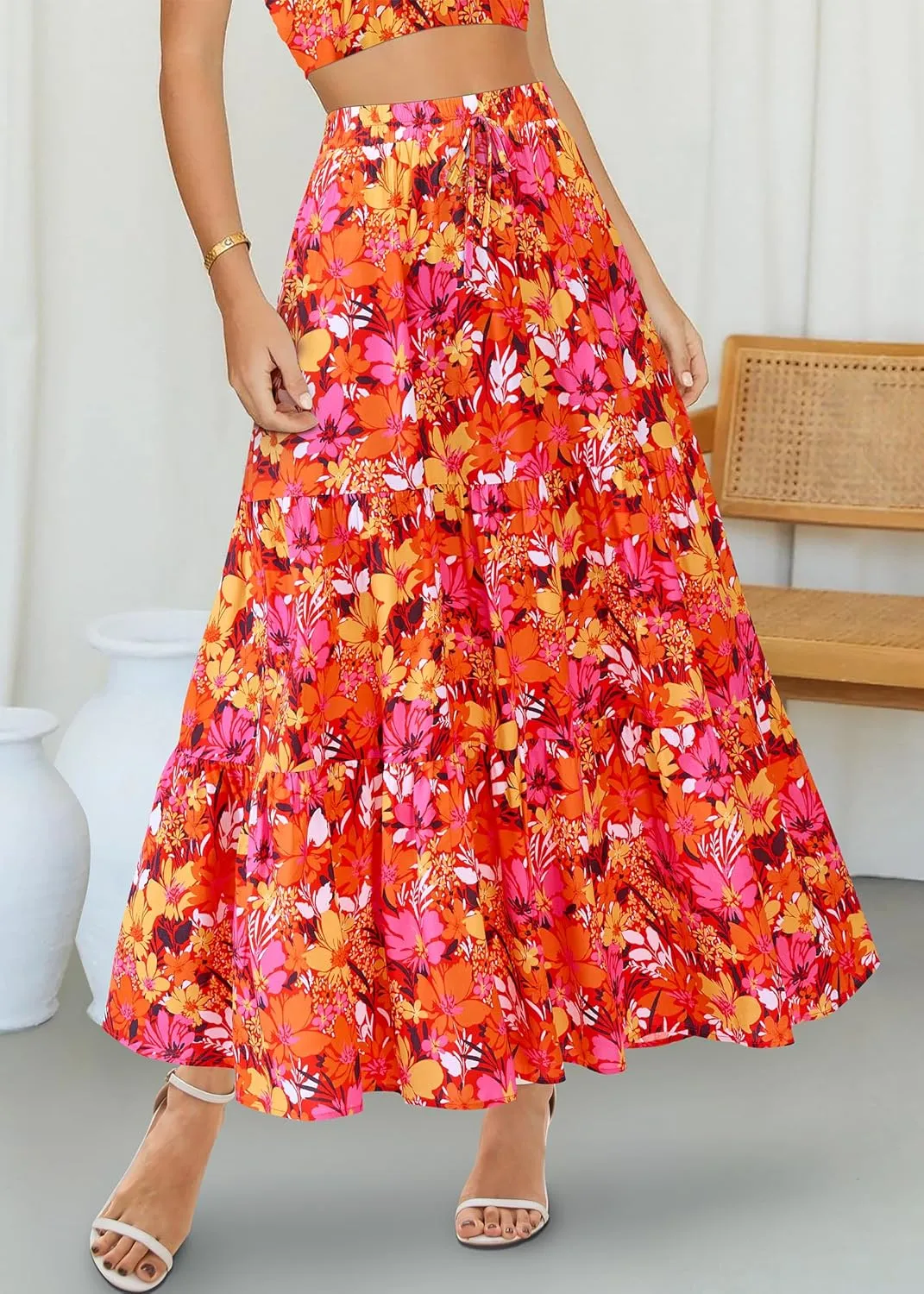 KIRUNDO Womens Boho Floral Maxi Midi Skirt 2025 Summer Trendy Elastic Waist Pleated Aline Flowy Long Skirts Beach Vacation