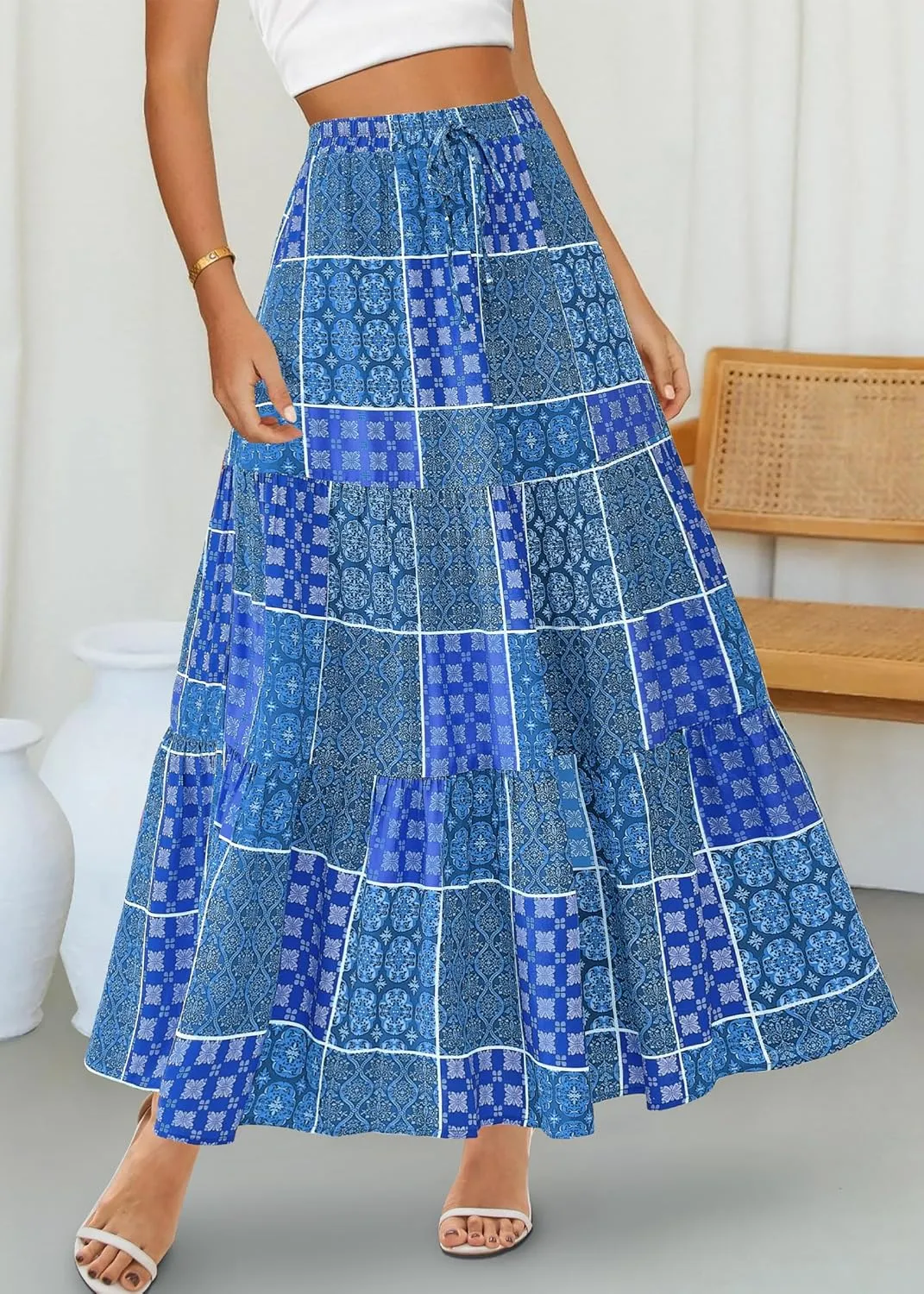 KIRUNDO Womens Boho Floral Maxi Midi Skirt 2025 Summer Trendy Elastic Waist Pleated Aline Flowy Long Skirts Beach Vacation