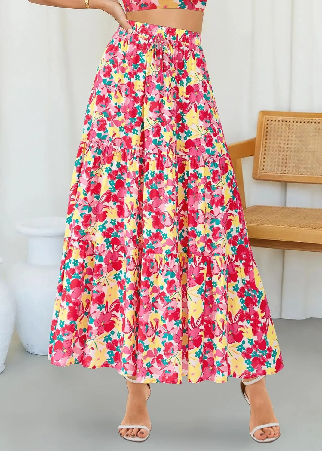 KIRUNDO Womens Boho Floral Maxi Midi Skirt 2025 Summer Trendy Elastic Waist Pleated Aline Flowy Long Skirts Beach Vacation