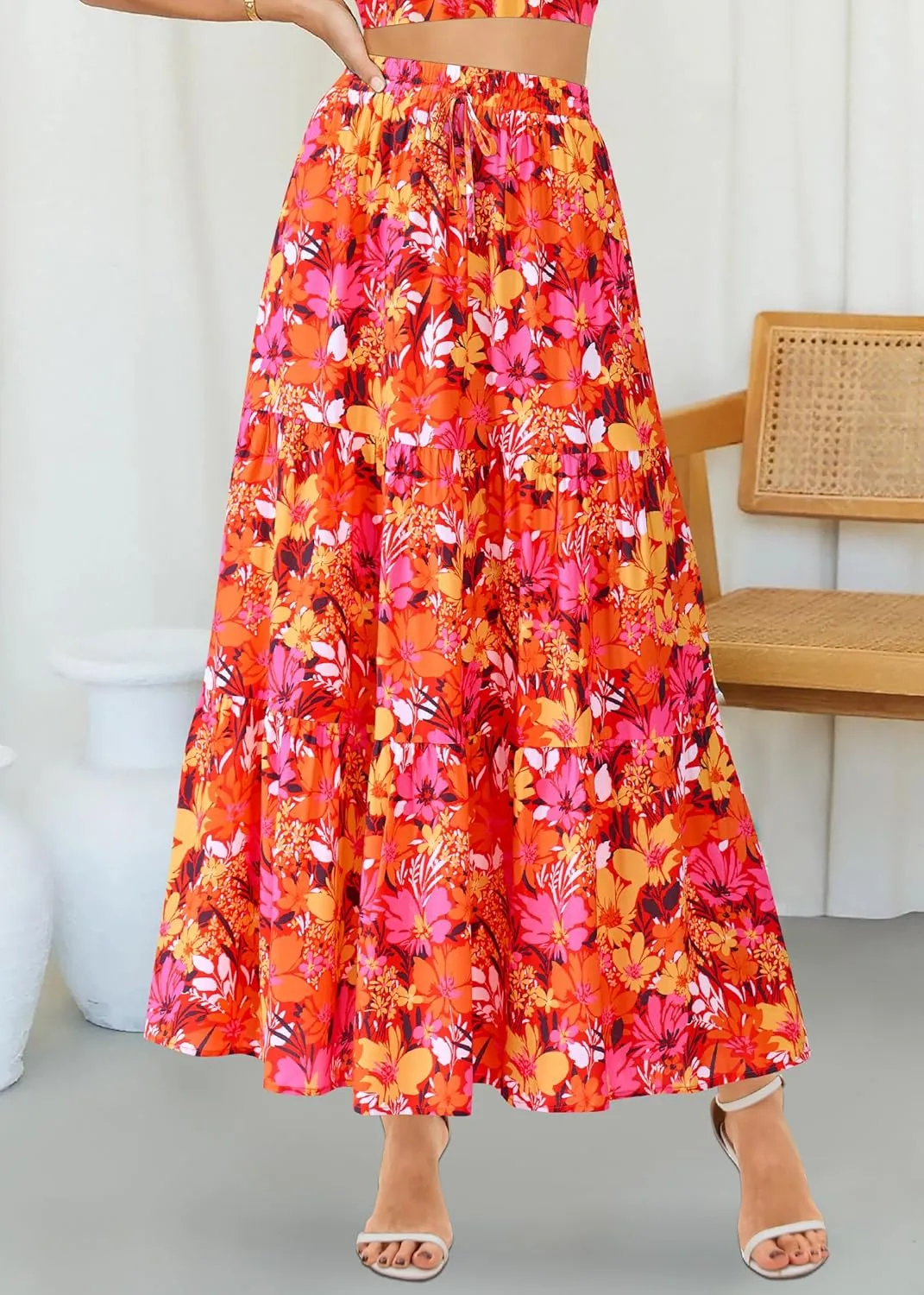 KIRUNDO Womens Boho Floral Maxi Midi Skirt 2025 Summer Trendy Elastic Waist Pleated Aline Flowy Long Skirts Beach Vacation