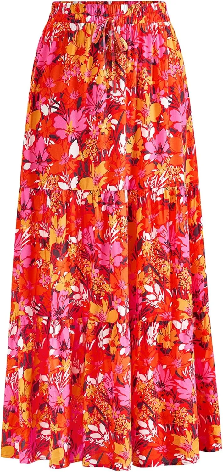 KIRUNDO Womens Boho Floral Maxi Midi Skirt 2025 Summer Trendy Elastic Waist Pleated Aline Flowy Long Skirts Beach Vacation