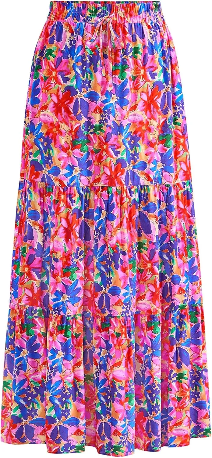 KIRUNDO Womens Boho Floral Maxi Midi Skirt 2025 Summer Trendy Elastic Waist Pleated Aline Flowy Long Skirts Beach Vacation