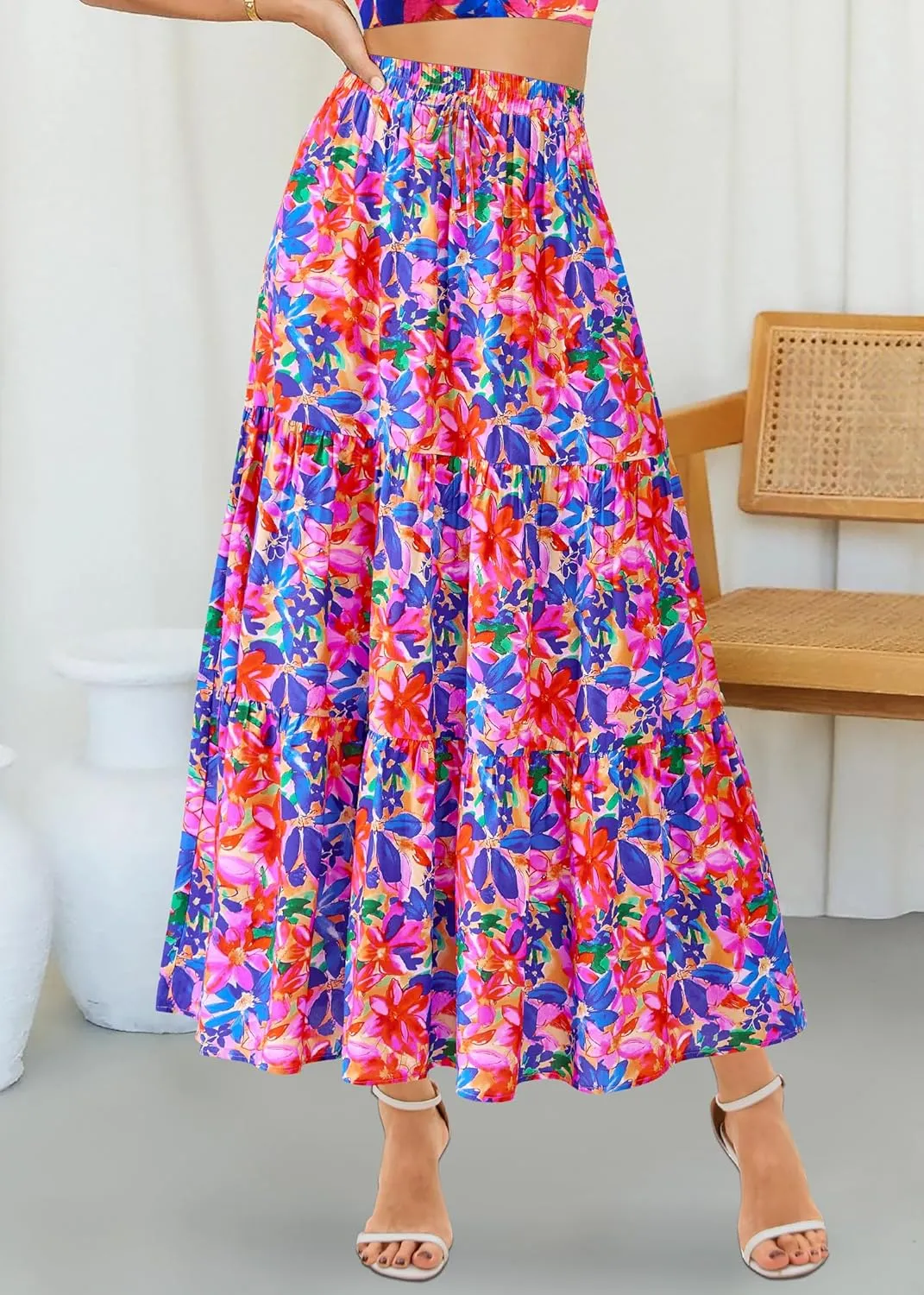 KIRUNDO Womens Boho Floral Maxi Midi Skirt 2025 Summer Trendy Elastic Waist Pleated Aline Flowy Long Skirts Beach Vacation