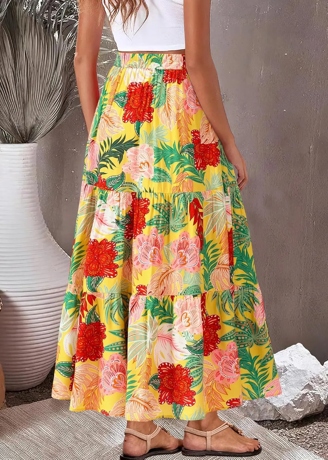 KIRUNDO Womens Boho Floral Maxi Midi Skirt 2025 Summer Trendy Elastic Waist Pleated Aline Flowy Long Skirts Beach Vacation