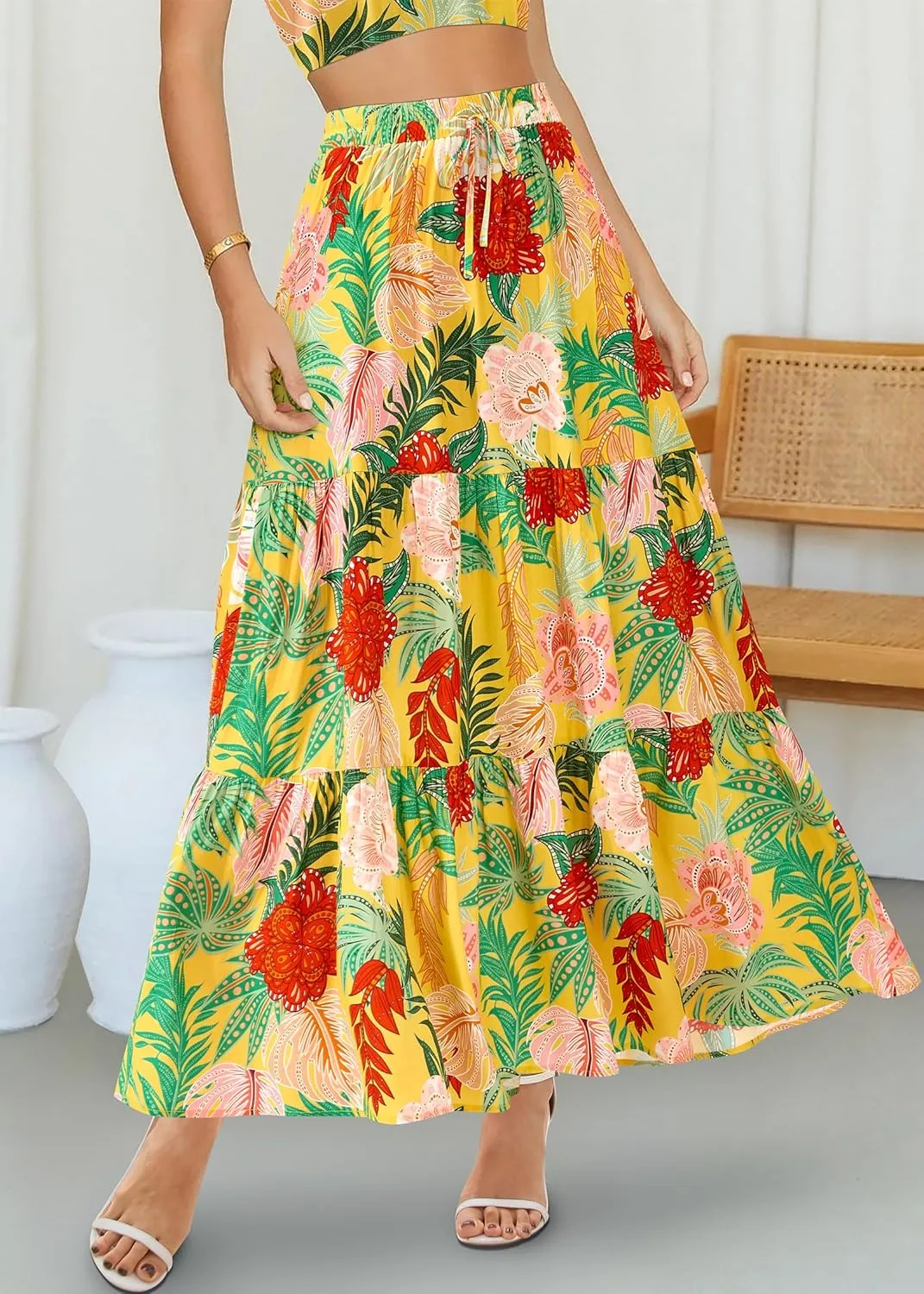 KIRUNDO Womens Boho Floral Maxi Midi Skirt 2025 Summer Trendy Elastic Waist Pleated Aline Flowy Long Skirts Beach Vacation
