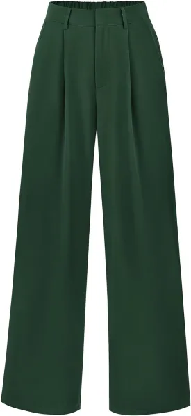 KIRUNDO Women's Elastic High Waisted Wide Leg Dress Pants Loose Fit Pleated Front Business Casual Work Pants Trousers