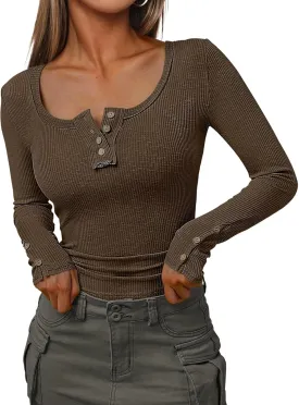 Kissfix Womens Long Sleeve Shirts Going Out Fall Clothes Casual Henley Tops Ribbed Knit Blouses Fashion Trendy Outfits