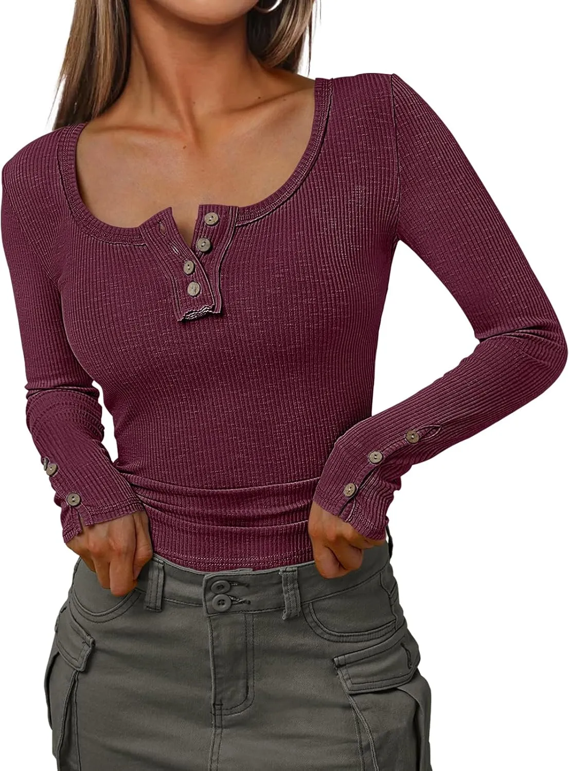 Kissfix Womens Long Sleeve Shirts Going Out Fall Clothes Casual Henley Tops Ribbed Knit Blouses Fashion Trendy Outfits