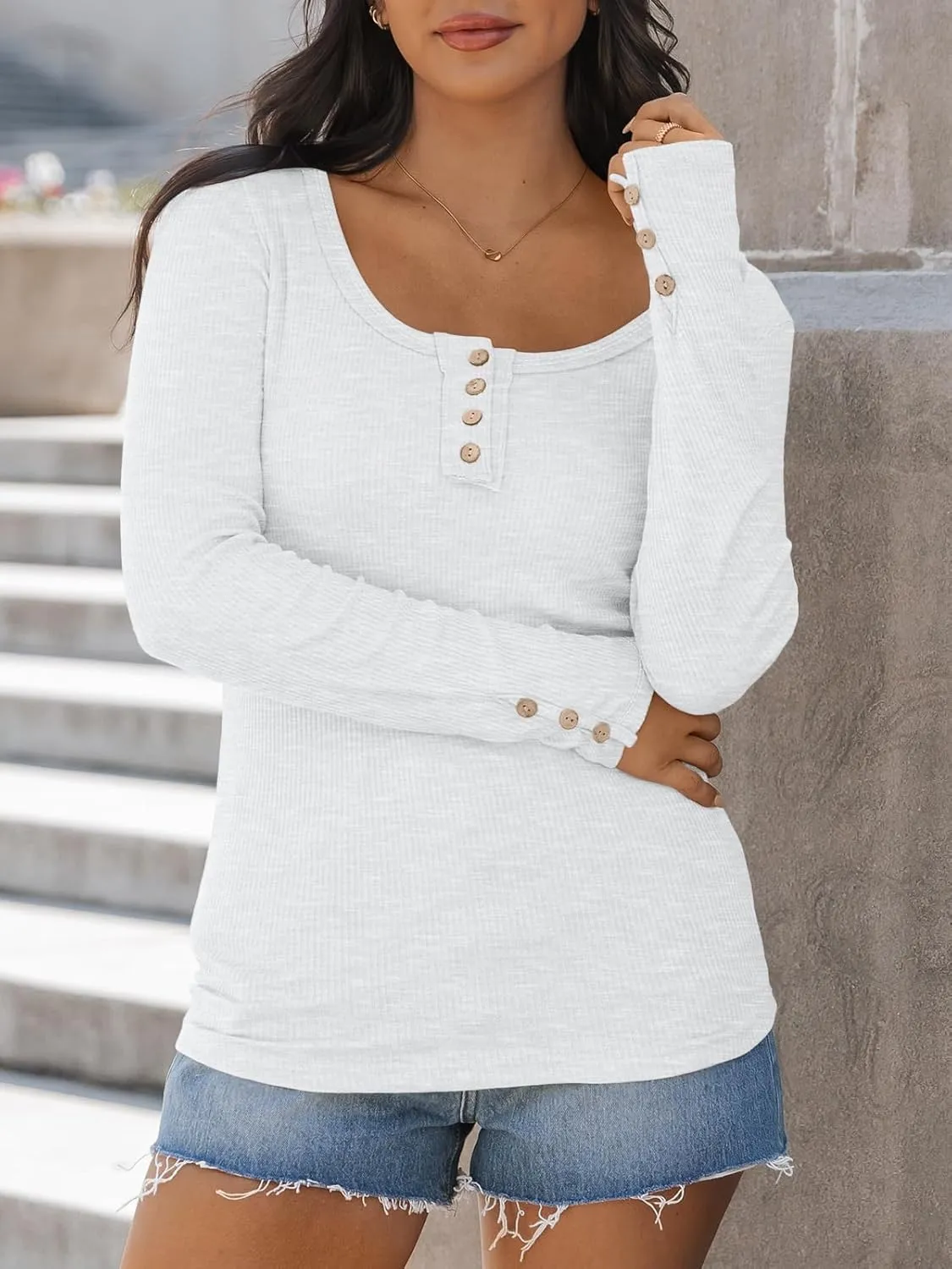 Kissfix Womens Long Sleeve Shirts Going Out Fall Clothes Casual Henley Tops Ribbed Knit Blouses Fashion Trendy Outfits