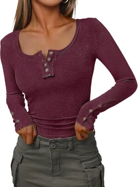 Kissfix Womens Long Sleeve Shirts Going Out Fall Clothes Casual Henley Tops Ribbed Knit Blouses Fashion Trendy Outfits