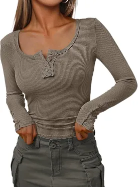 Kissfix Womens Long Sleeve Shirts Going Out Fall Clothes Casual Henley Tops Ribbed Knit Blouses Fashion Trendy Outfits