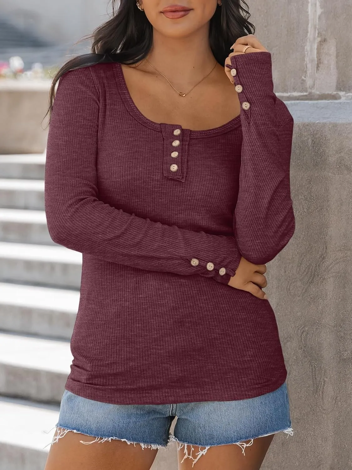 Kissfix Womens Long Sleeve Shirts Going Out Fall Clothes Casual Henley Tops Ribbed Knit Blouses Fashion Trendy Outfits