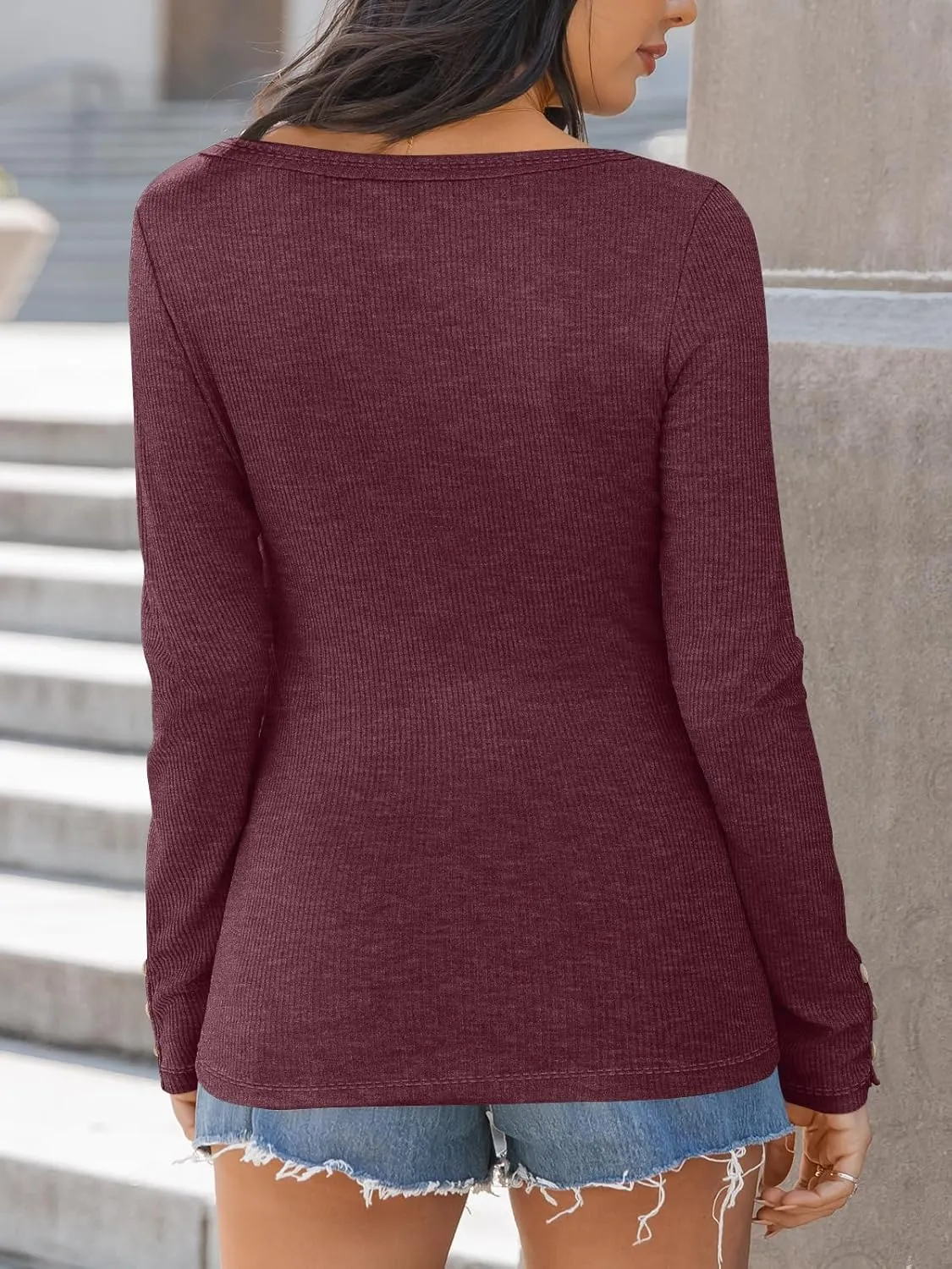 Kissfix Womens Long Sleeve Shirts Going Out Fall Clothes Casual Henley Tops Ribbed Knit Blouses Fashion Trendy Outfits