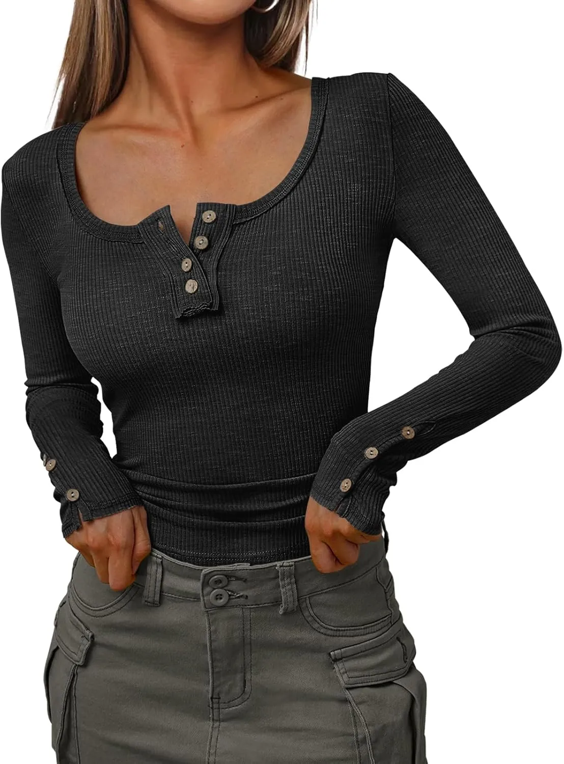 Kissfix Womens Long Sleeve Shirts Going Out Fall Clothes Casual Henley Tops Ribbed Knit Blouses Fashion Trendy Outfits