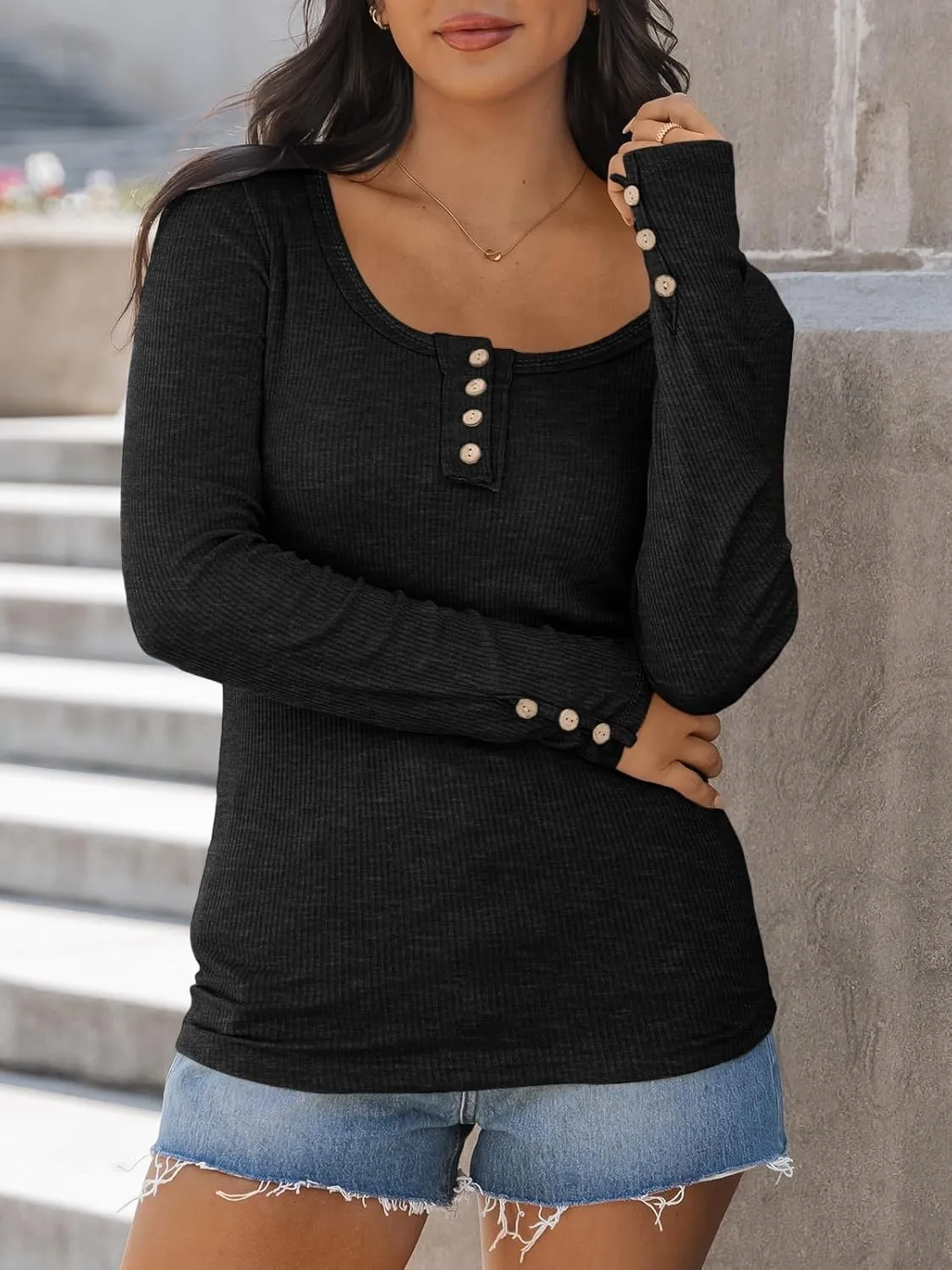 Kissfix Womens Long Sleeve Shirts Going Out Fall Clothes Casual Henley Tops Ribbed Knit Blouses Fashion Trendy Outfits