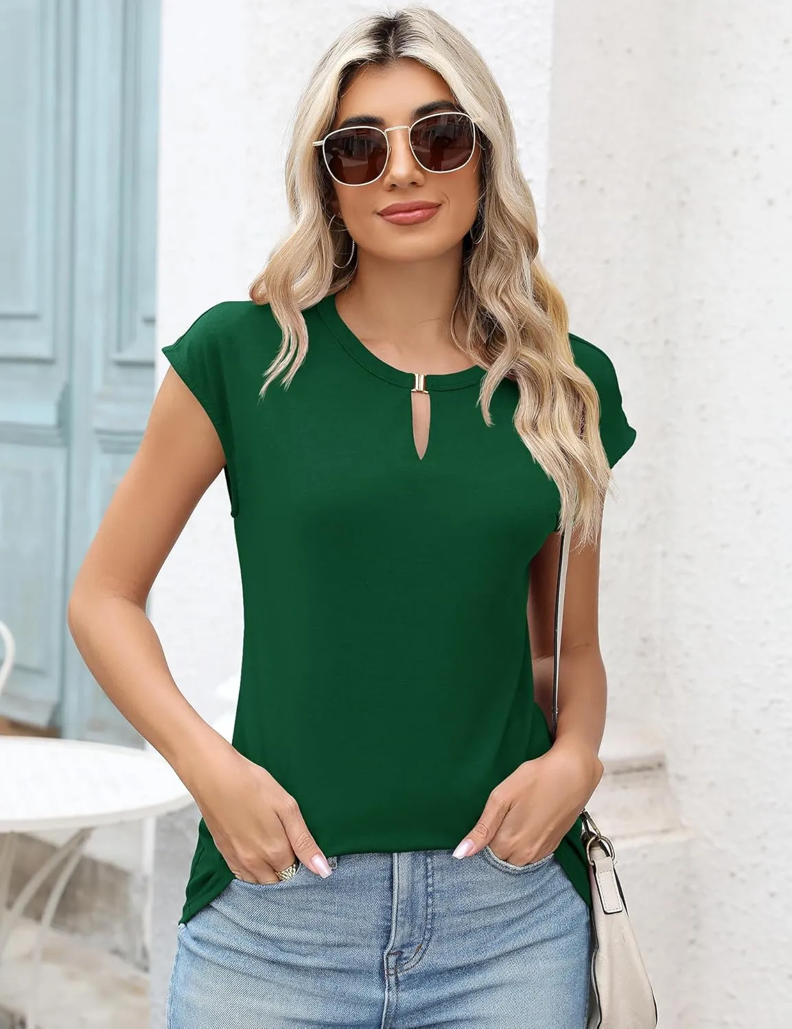 Kistore Women's Summer Casual V Neck Tank Tops Cap Sleeve Loose Fit Blouses Tunic Shirts