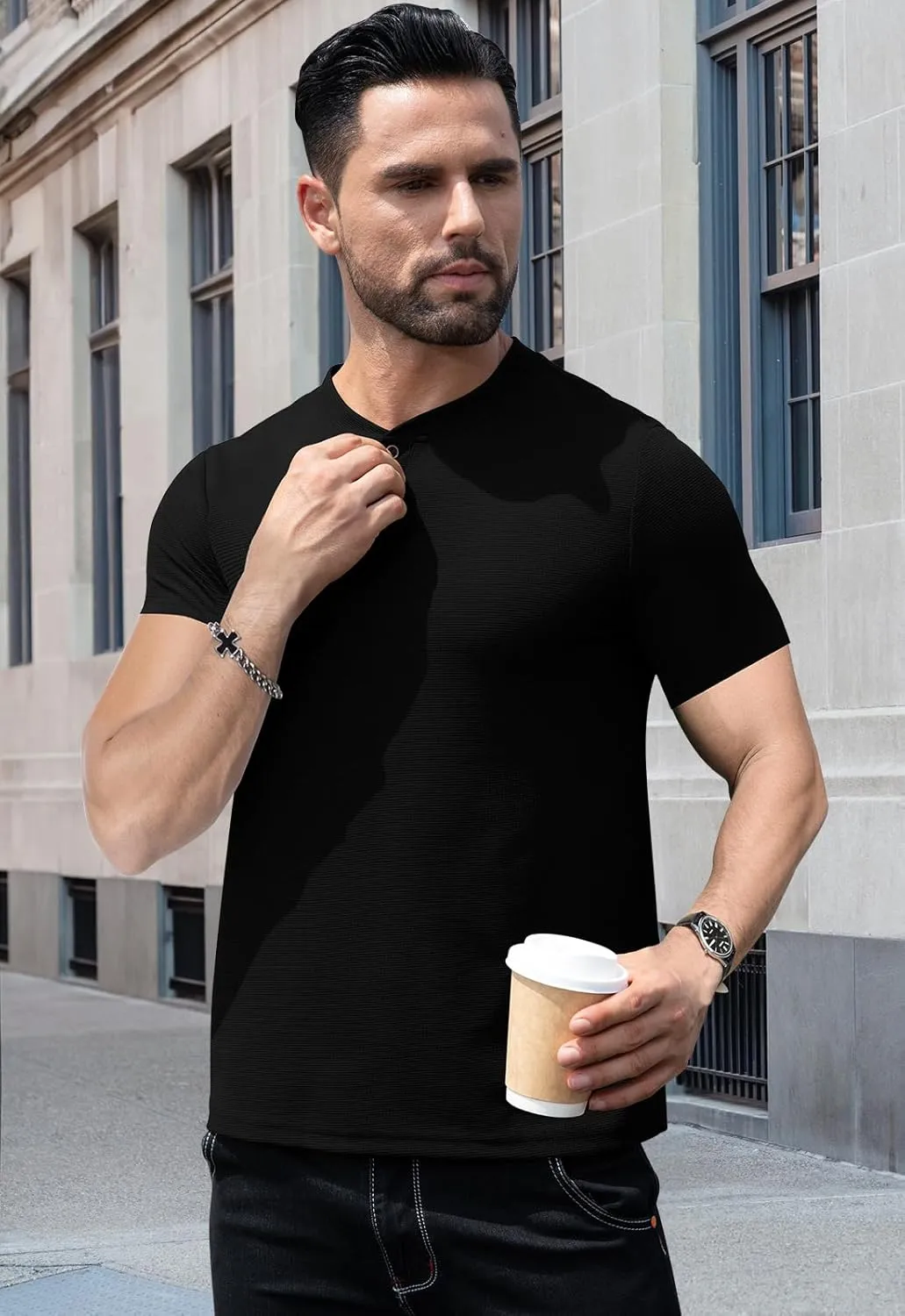 KUYIGO Men's Slim Fit Henley Shirts Short Long Sleeve Casual Tight Solid Waffle Fashion T-Shirts Tops