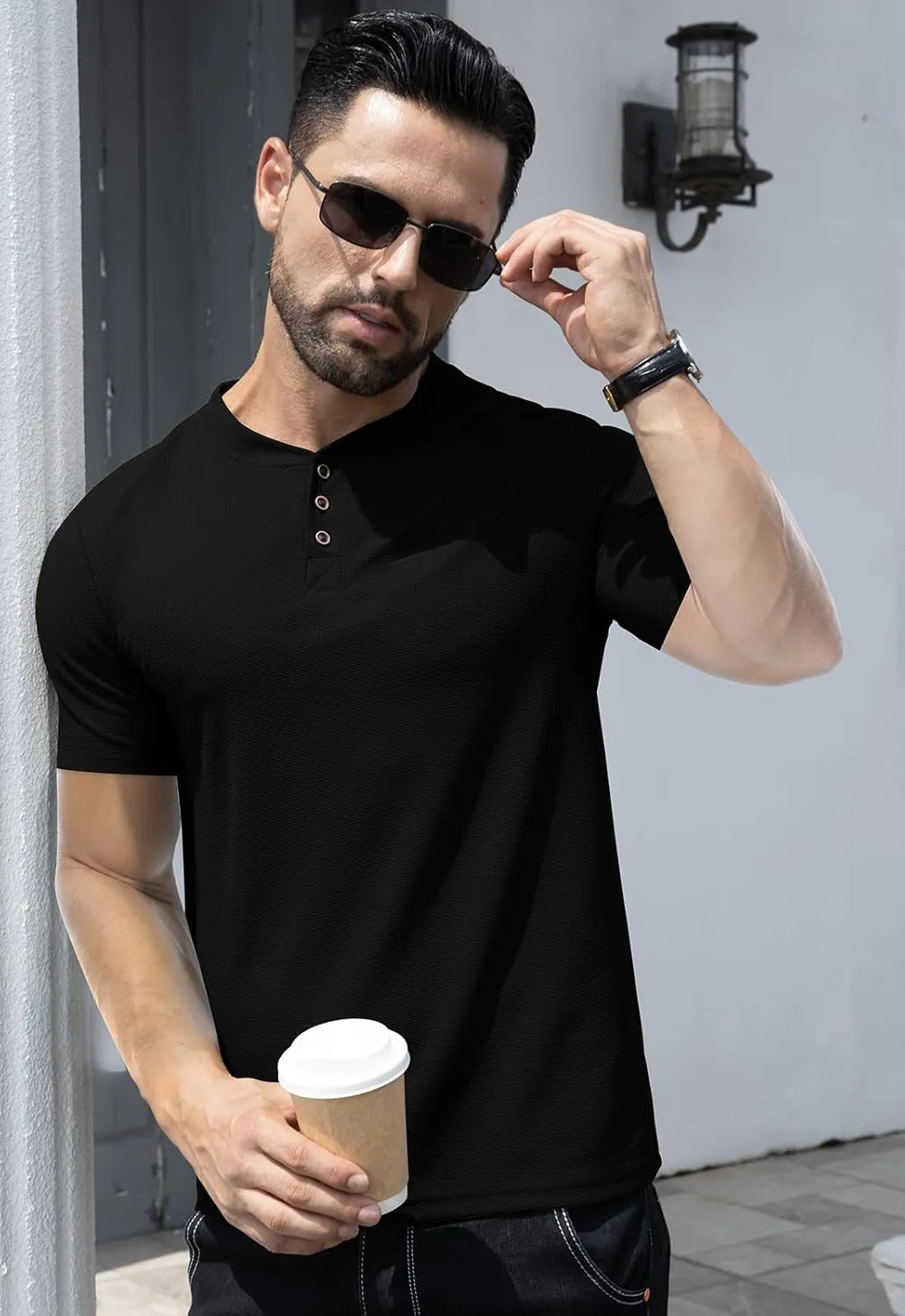 KUYIGO Men's Slim Fit Henley Shirts Short Long Sleeve Casual Tight Solid Waffle Fashion T-Shirts Tops
