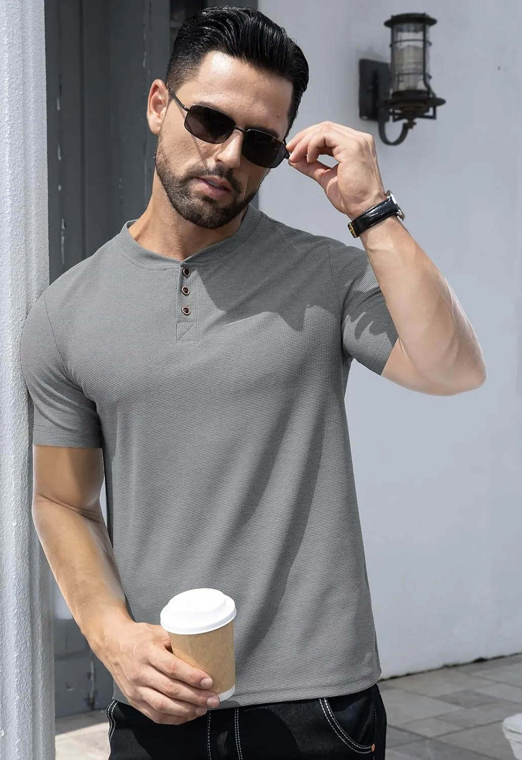 KUYIGO Men's Slim Fit Henley Shirts Short Long Sleeve Casual Tight Solid Waffle Fashion T-Shirts Tops