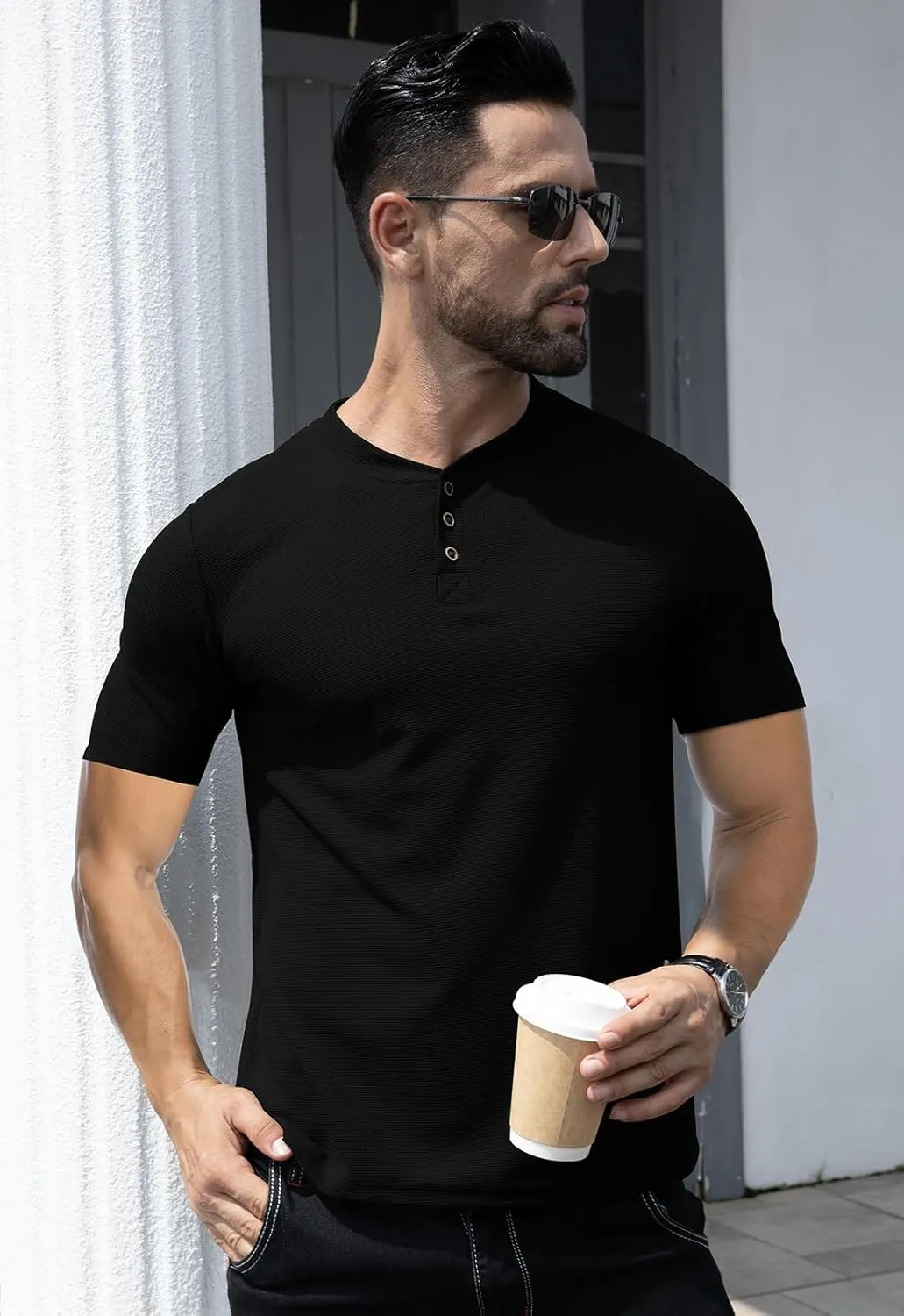 KUYIGO Men's Slim Fit Henley Shirts Short Long Sleeve Casual Tight Solid Waffle Fashion T-Shirts Tops