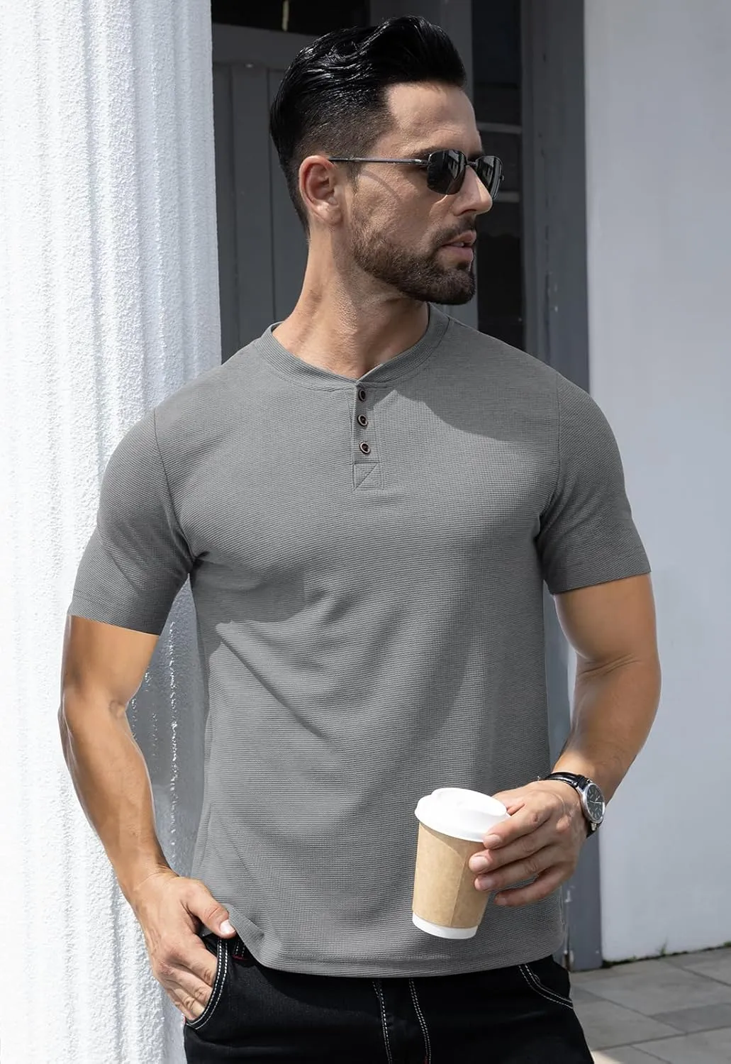 KUYIGO Men's Slim Fit Henley Shirts Short Long Sleeve Casual Tight Solid Waffle Fashion T-Shirts Tops