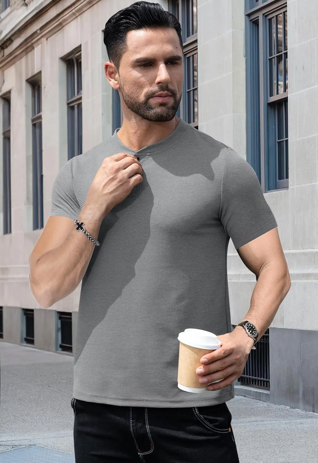 KUYIGO Men's Slim Fit Henley Shirts Short Long Sleeve Casual Tight Solid Waffle Fashion T-Shirts Tops