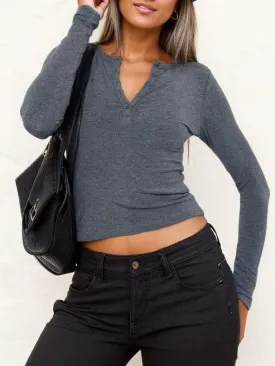 LEEDYA Women's Long Sleeve Henley T Shirts Button Down Slim Fit V Neck Tops Solid Casual Ribbed Knit Shirt Blouses