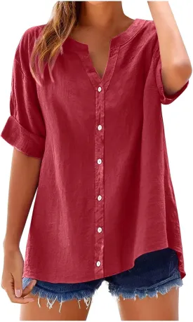 Linen Shirts for Women 2025 Gauze Short Sleeve V Neck Button Loose Fit Blouses Vacation Dress Casual Tunic Tops