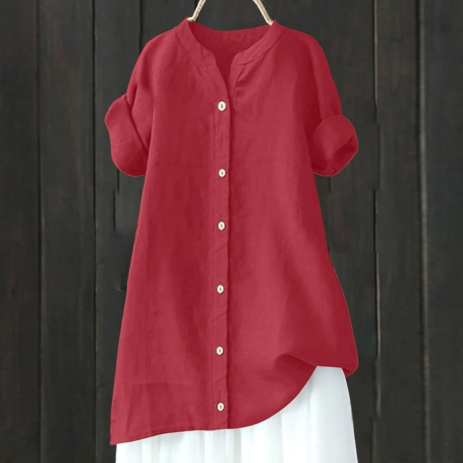 Linen Shirts for Women 2025 Gauze Short Sleeve V Neck Button Loose Fit Blouses Vacation Dress Casual Tunic Tops
