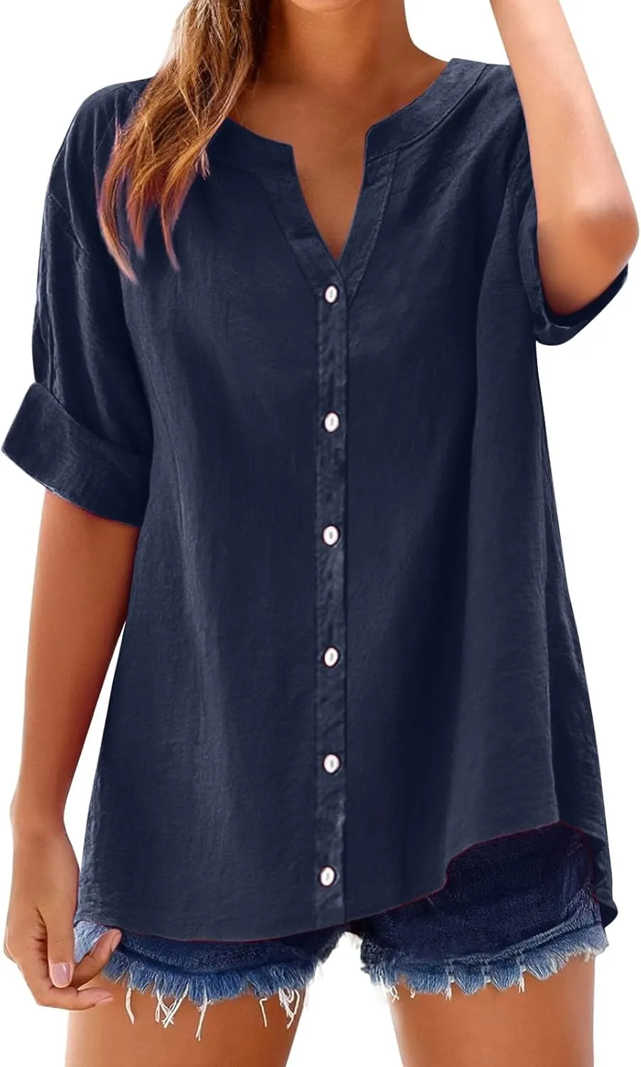Linen Shirts for Women 2025 Gauze Short Sleeve V Neck Button Loose Fit Blouses Vacation Dress Casual Tunic Tops