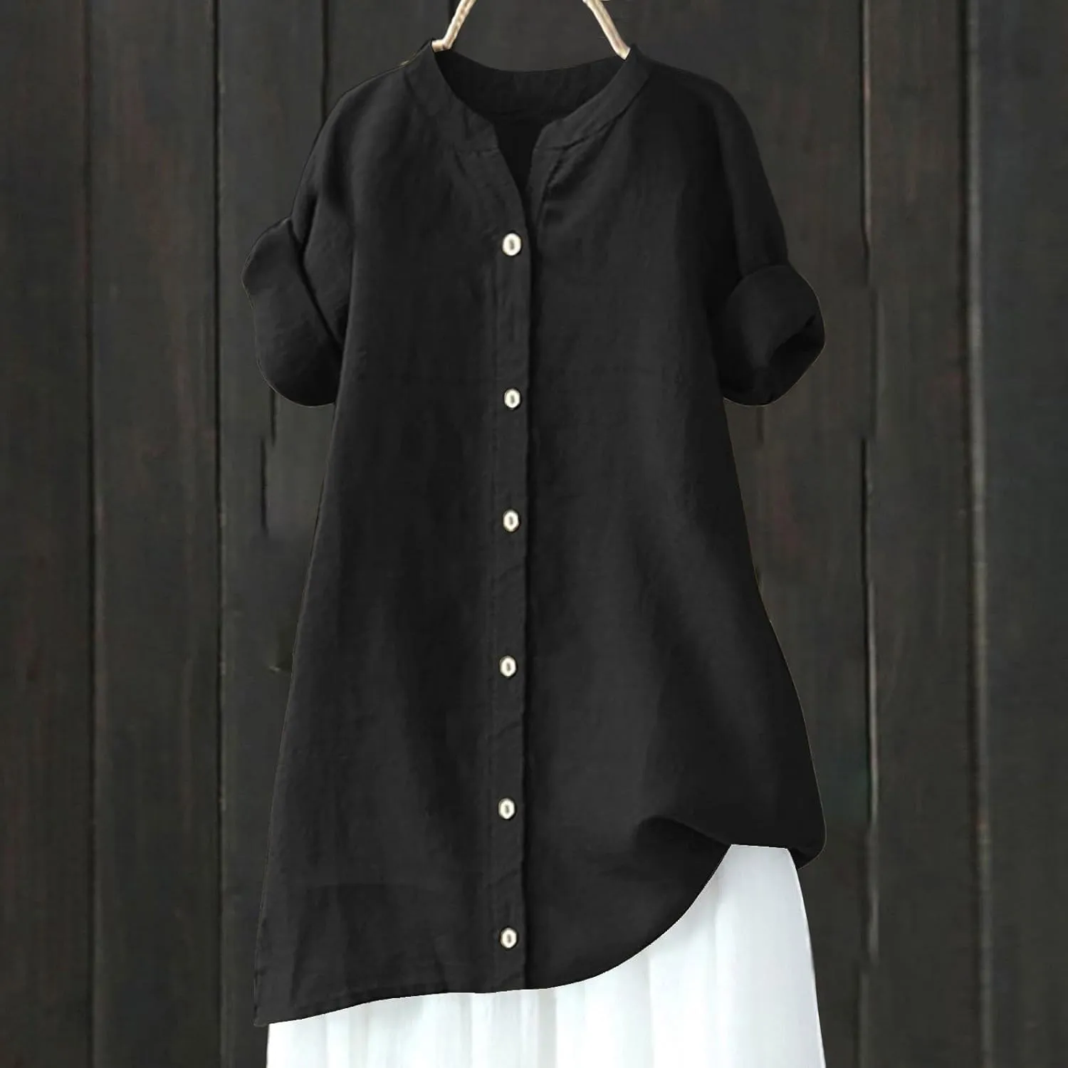 Linen Shirts for Women 2025 Gauze Short Sleeve V Neck Button Loose Fit Blouses Vacation Dress Casual Tunic Tops