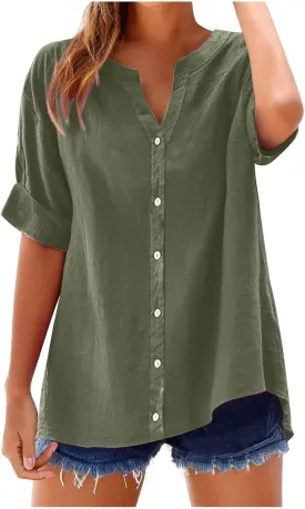 Linen Shirts for Women 2025 Gauze Short Sleeve V Neck Button Loose Fit Blouses Vacation Dress Casual Tunic Tops