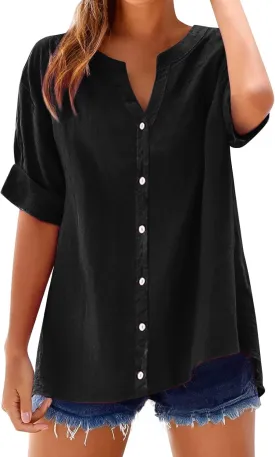 Linen Shirts for Women 2025 Gauze Short Sleeve V Neck Button Loose Fit Blouses Vacation Dress Casual Tunic Tops