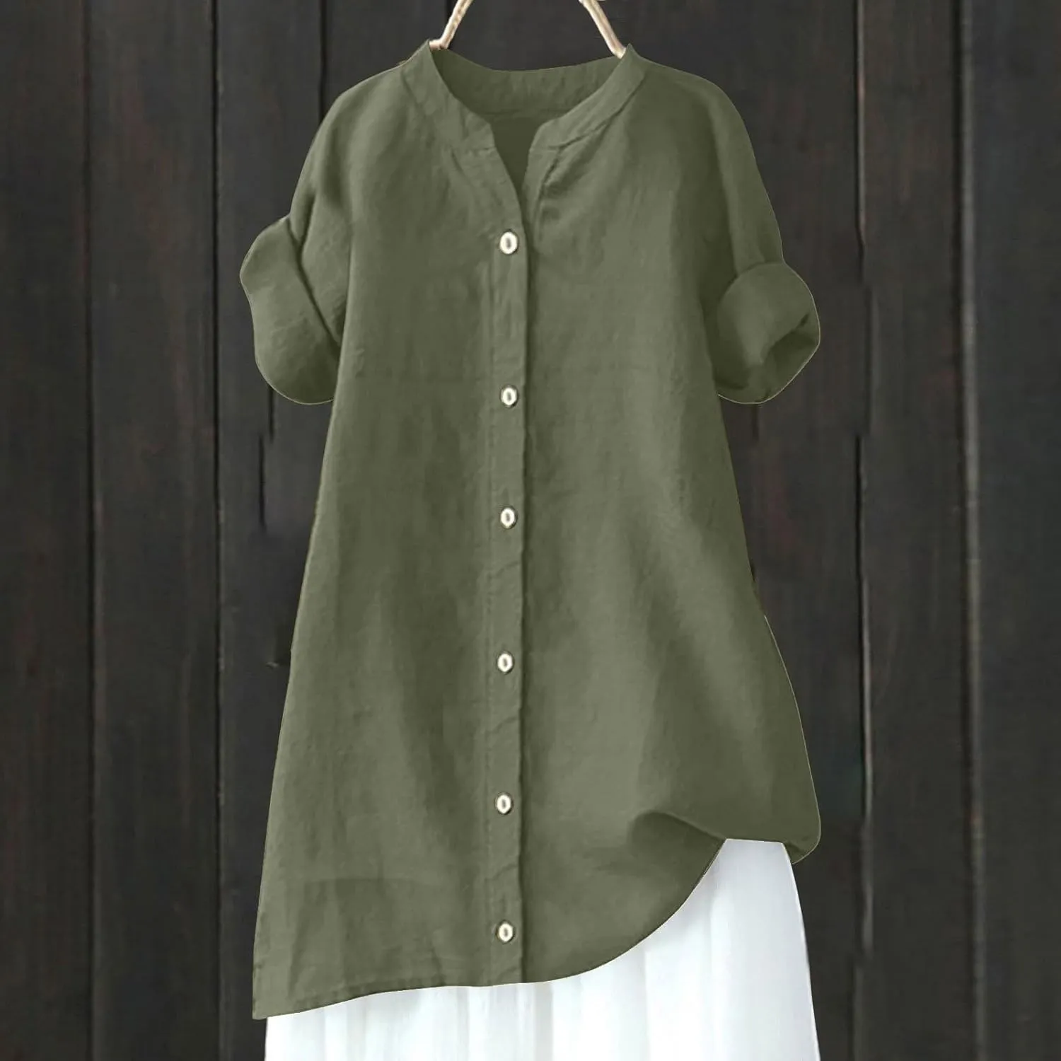 Linen Shirts for Women 2025 Gauze Short Sleeve V Neck Button Loose Fit Blouses Vacation Dress Casual Tunic Tops