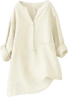 Linen Shirts for Women 3/4 Sleeve V Neck Blouses Buttons Plus Size Loose Fit T-Shirts Solid Color Summer Holiday Tops