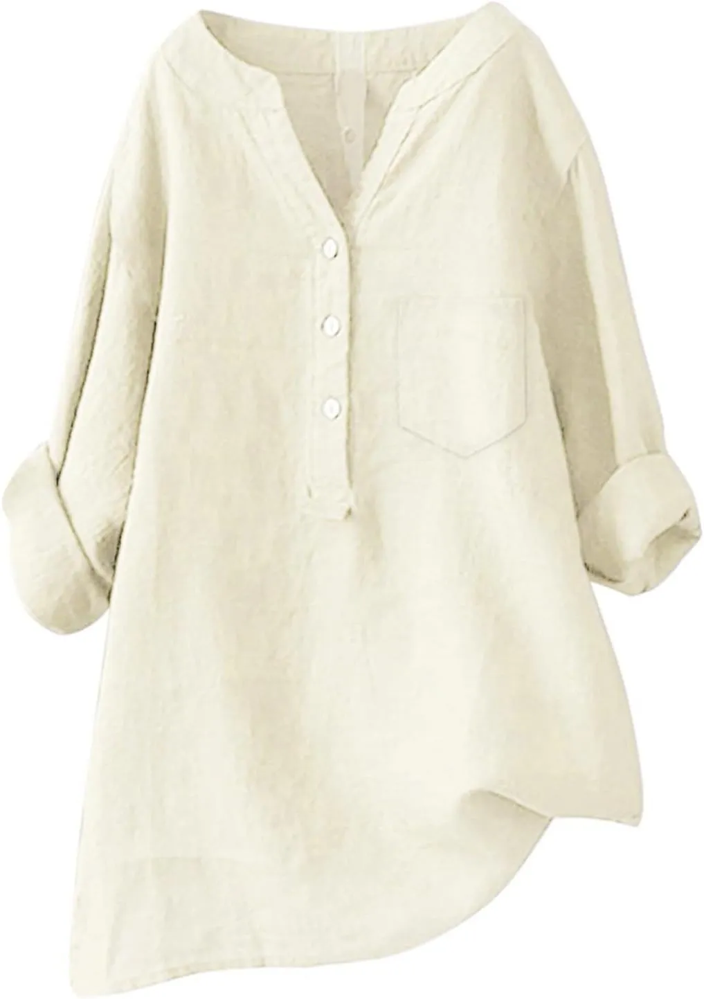 Linen Shirts for Women 3/4 Sleeve V Neck Blouses Buttons Plus Size Loose Fit T-Shirts Solid Color Summer Holiday Tops