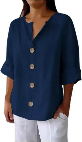 Linen Tops for Women Summer V Neck 3/4 Length Sleeve Womens Tops with Button Roll-Up Sleeve Casual Loose Fit Blouses