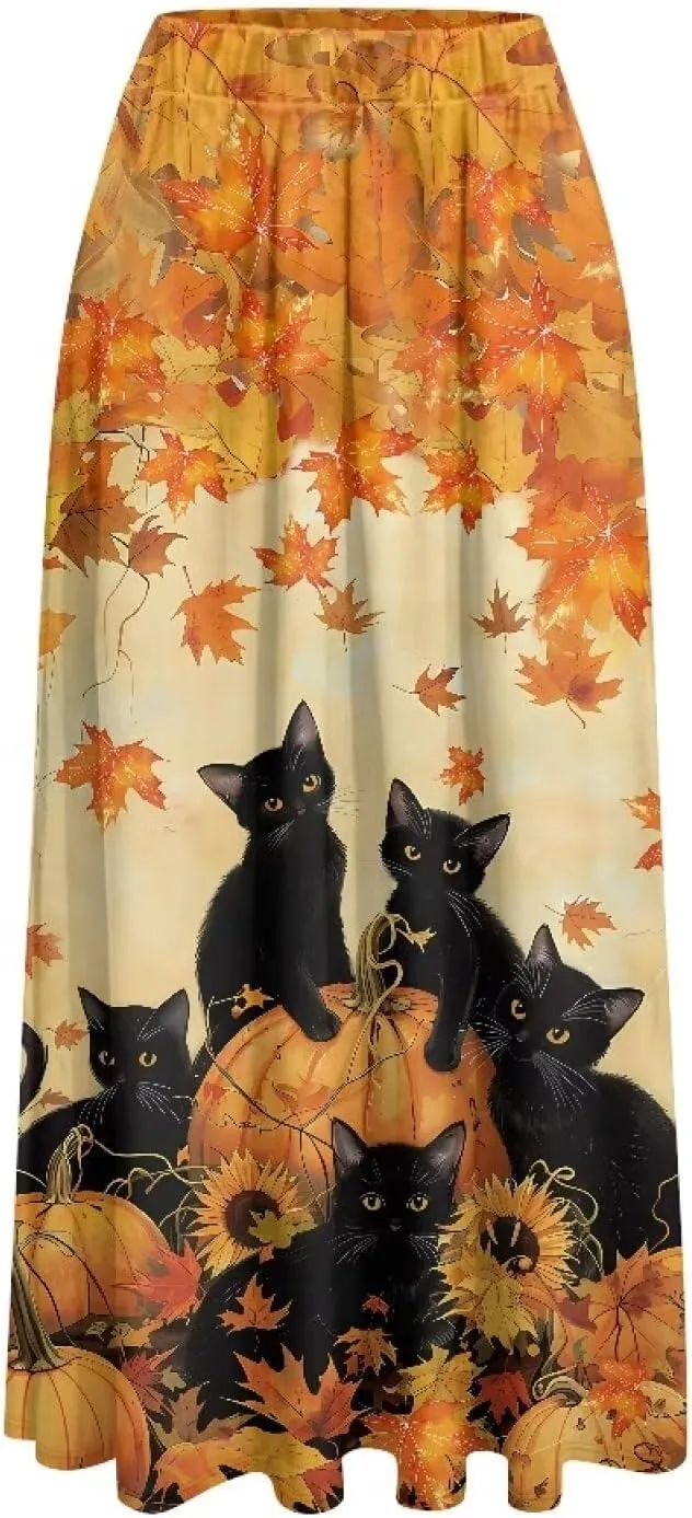 Maxi Skirts for Women Flowy Autumn Skirts with Pockets Pleated Skirt High Waisted Midi Long Skirt Reg and Plus Size S-XXL