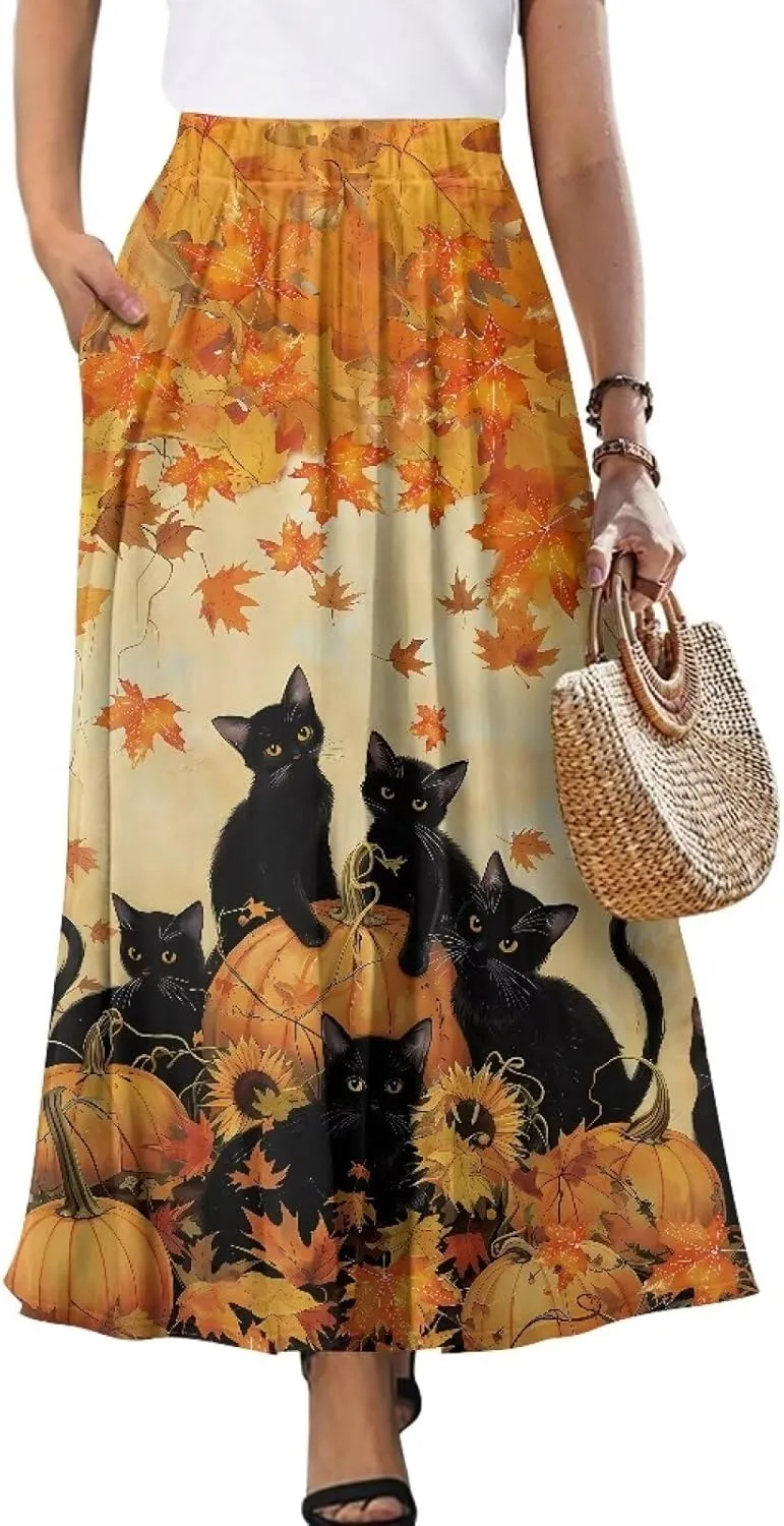 Maxi Skirts for Women Flowy Autumn Skirts with Pockets Pleated Skirt High Waisted Midi Long Skirt Reg and Plus Size S-XXL