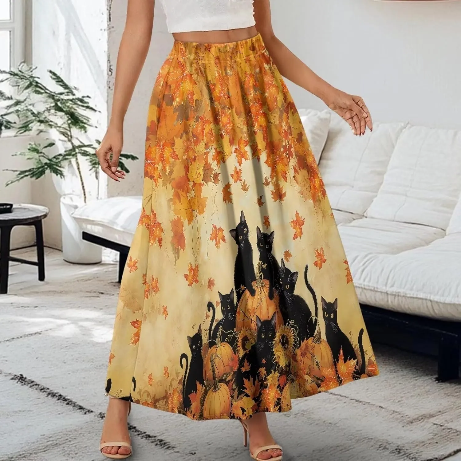 Maxi Skirts for Women Flowy Autumn Skirts with Pockets Pleated Skirt High Waisted Midi Long Skirt Reg and Plus Size S-XXL
